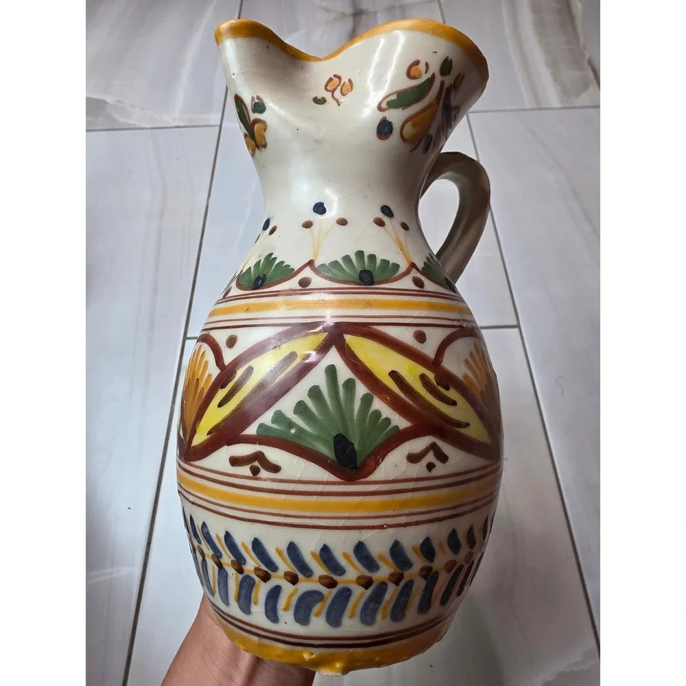 Vintage Toledo G.M. Spanish Hand‎ Painted Ceramic Pitcher Pottery Spouted Jug E1